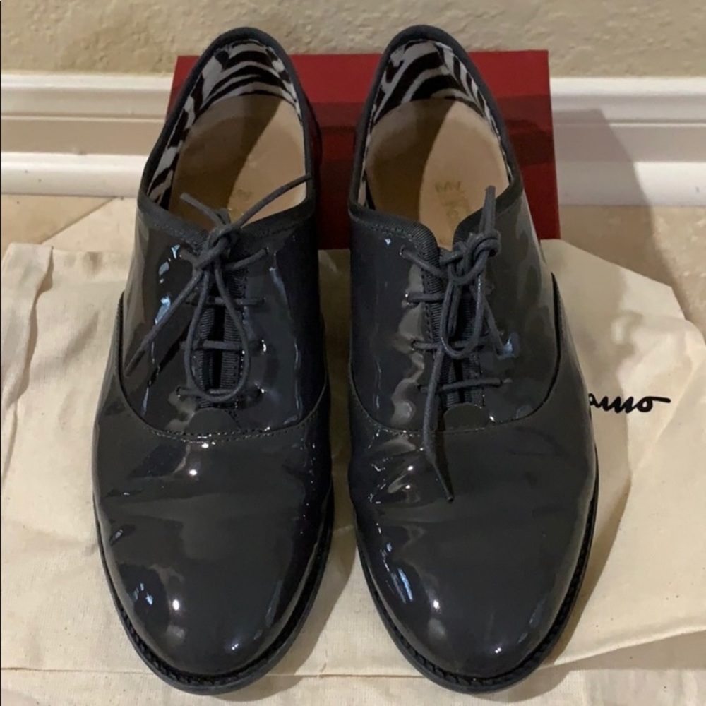 Authentic Ferragamo shiny grey lace up boots